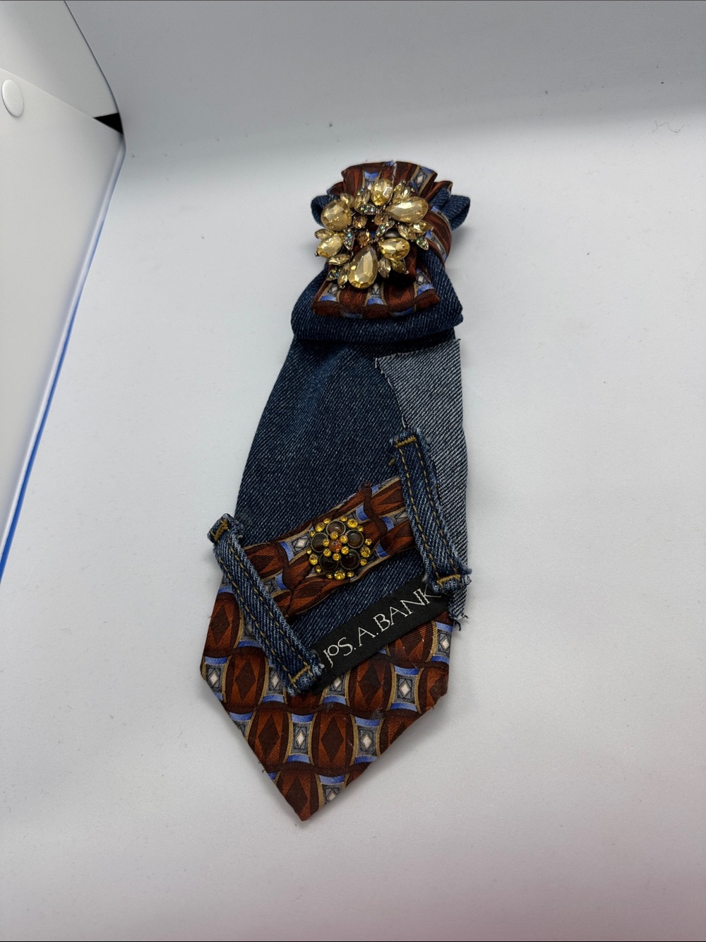 Jos. A. Bank Blue Denim and Brown Patterned Tie with Gold Jewel Accent